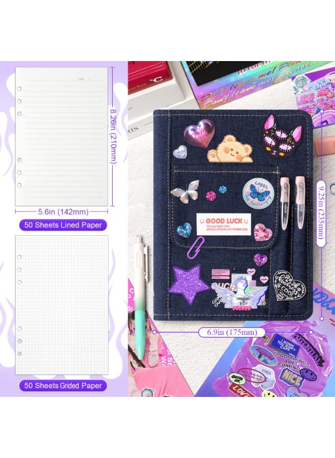 YelaJoy A5 Refillable Notebook Binder, A5 Denim 6 Ring Binder Cover with Refillable 100 Sheet Filler Paper, Y2K Personal Journal Notebook for Girls Women School College Students, Ideal for Journaling, Scrapbooking, K-pop Photocard Collecting, School and Gift Use(Dark DENIM) - Image 3